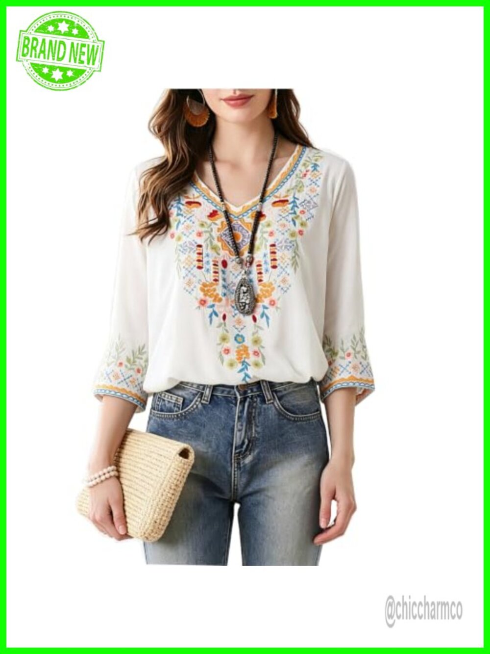 Embroidered Peasant Tunic Top 3/4 Sleeve V Neck Floral Blouse